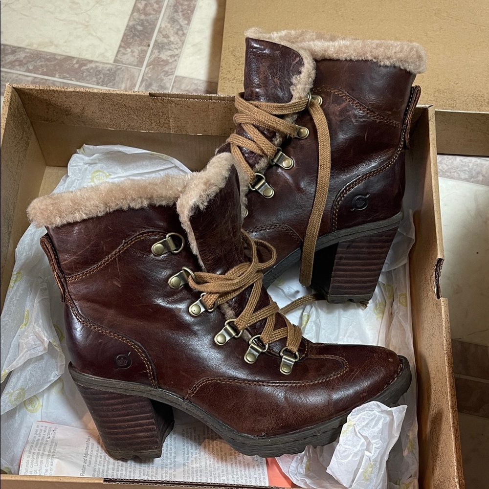 Born Dark Brown Heeled Boots with Shearling Trim